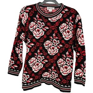 Vintage Floral Black, Red, and White Sweater Size S